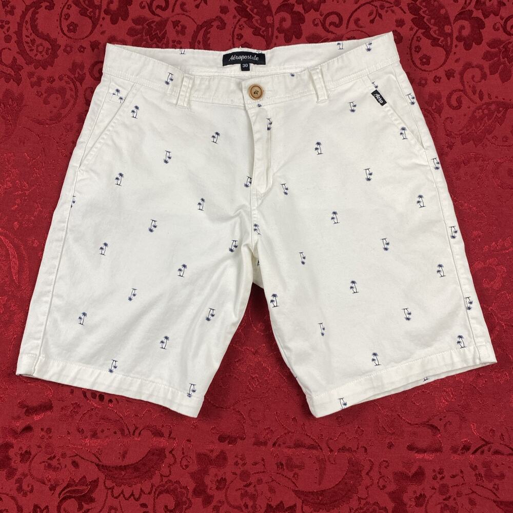 Aeropostale Flat Front Chino Shorts Mens 30 White AOP Palm Tree Tropical Hawaii